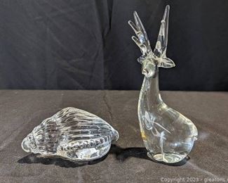 Hand Blown Deer and Conch Sea Shell Glass Art