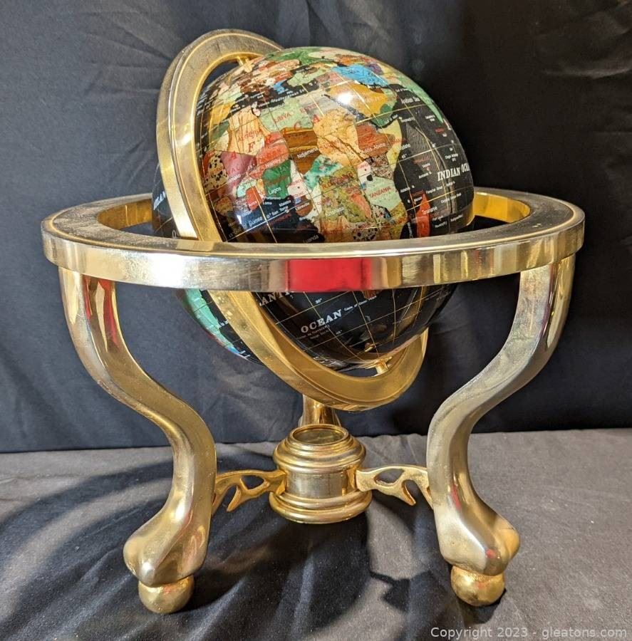 Lovely Gemstone Globe on Brass Stand with Compass