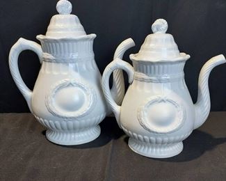 Pair of Antique Elsmore and Forster White Ironstone Teapots in Laurel Wreath Shape