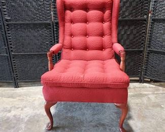 Red Queen Anne Winged Back Chair with Tufted Cushion Back and Seat