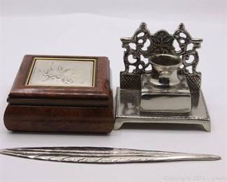 Vintage Metal Ink Well with Metal Quill Letter Opener and Vintage Beautiful Wooden Box