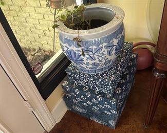 Blue and white Chinese fish bowls