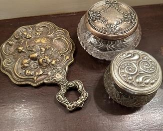 Silver dresser mirror and jars
