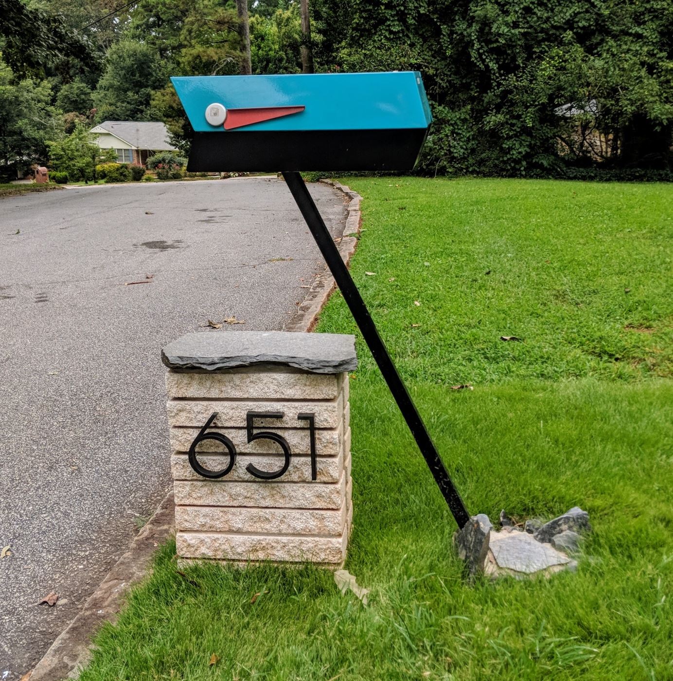 EASY TO FIND SALE LOCATION (651Sale) House Numbers on White Brick Pillar beneath mid century modern mailbox (mailbox is not for sale)