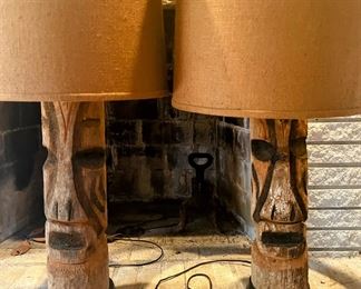 Custom Made Carved Totem Pole HEAD Lamp with Custom Made Burlap Lamp Shade