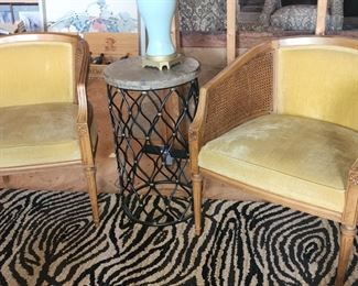Mid-Century Curved Back Chairs with Velvet Fabric and Caning in good condition