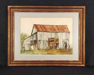 Signed Watercolor Of An Aged Country Barn