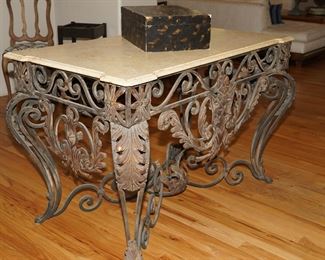 Marble topped distressed wrought iron entry table