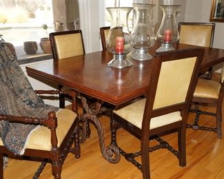 Antique inlaid and hand painted hardwood table with barley twist iron base
