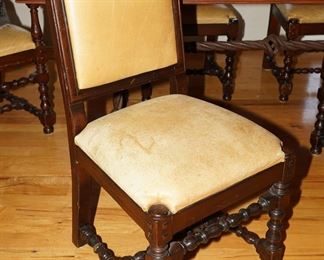 Vintage leather & barley twist dining chair.  These are being sold as a set of 2 and we have two sets available, so there are 4 dining chairs available and two additional captain's chairs available. 