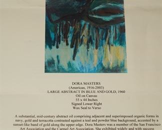 Bio on Dora Masters regarding the Modernist piece entitled "Large Abstract in Blue & Gold", circa 1960.