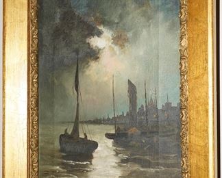 Antique seaside painting in vintage gold gilt frame-artist unknown