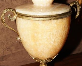 Alabaster & brass lidded pedestal vase