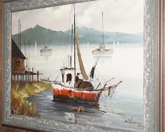 Seaside oil painting signed Anthony