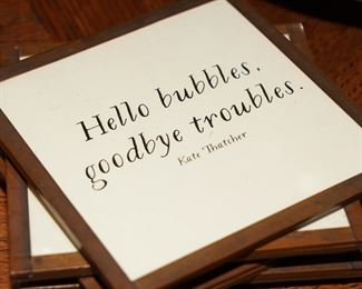 Hello bubbles, goodbye troubles coasters by Kate Thatcher.