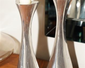 Nambe candle holders with white pillar candles