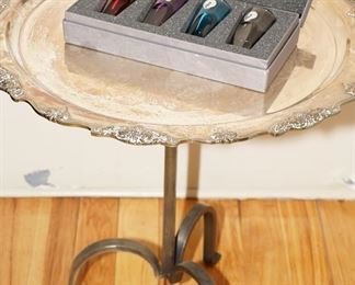 Set of 4 Waterford colorful shot glasses. Large silverplated vintage tray on cast iron tripod base