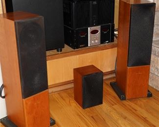 There is a Linn Mimik CD  player, a Sony DVD player, REL Storm III Sub-Bass speaker, Spearkercraft BB835 power amp, Rotel RMB-1095 power amp, Linn Keilidh Tukan tower speakers(pair), a Samsung 75" smart TV, and a Netgear Orbi RBK50 wifi system in the box. 