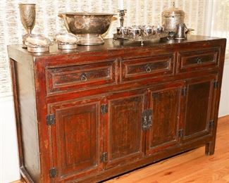 Vintage semi-antique red lacquered Chinese cabinet