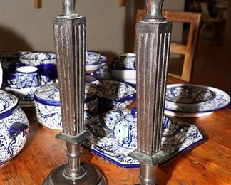 Carved wood candle holders with red pillar candles