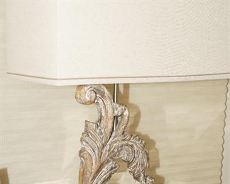 Neiman Marcus wood scroll & lucite table lamps x 2
