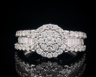 2.25 Carat Diamond Illusion Cluster Wide Band Triple Row Baguette & Round Brilliant Ring in 14k White Gold