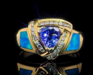 Natural Tanzanite Trillion Cut Solitaire & Opal Inlay & Diamond Channel Halo Ring in 14k Yellow Gold - Designer HALLMARK, Probably Kabana