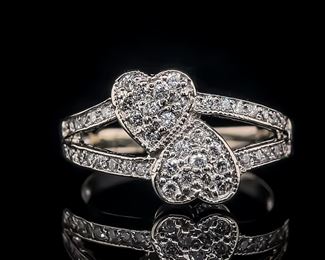 Beautiful Diamond Pave "Double Heart" Split Shank Ring in 14k White Gold