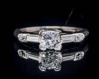Fine Quality! 0.66 Carat Diamond Round Brilliant & Baguette Winston Style Solitaire Ring in Platinum, Vintage Classic - VS Clarity/E-F Color