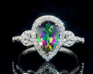 NEW! Dazzling and Colorful Pear Shaped Mystic Topaz Solitaire & Diamond Ornate Halo Ring in 14k White Gold