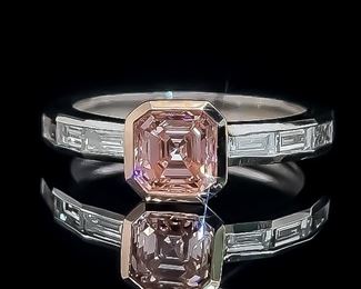 Stunning 1.50 Carat Fancy Intense Pink Diamond, Baguettes in 14k White & Rose Gold Ring; $12,850