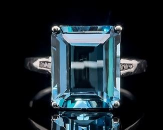 Southern Estate Find! Big & Bold Emerald Cut Blue Topaz Solitaire & Diamond Accent Ring in White Gold