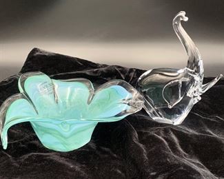 MURANO Italian Glass Bowl and Signed Elephant Sculpture