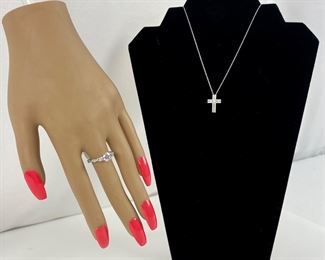 Sterling Silver Ring & Cross Necklace with Simulated Diamonds