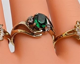Three 14K Gold Plated Rings, Red Sz 7.5, Green Sz 8