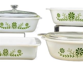 Four Vintage Glasbake White Milk Glass Casserole Dishes in Green Daisy