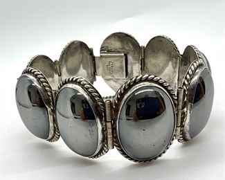 Sterling Silver/Nine Oval Cabochon Hematite Bracelet