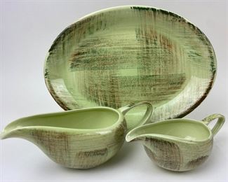 Raffia Vernonware Under Glaze MCM
Platter and Two Gravy Boats Hand Painted
in the USA