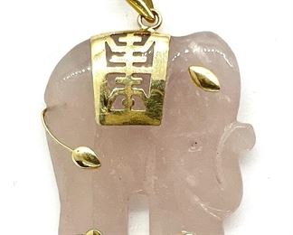 Vintage 14K Yellow Gold and Pink Jade Carved Elephant Pendant