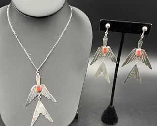 Vintage Native American Sterling
Silver and Coral Necklace and Earrings In
Bird Pattern - Marked E.M.W.