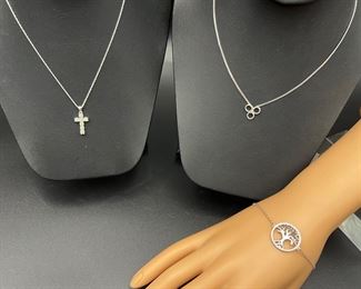 Three Sterling Silver Jewelry Pieces
with Crystal Accents - Two Necklaces and a
Brand New Bracelet