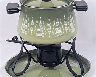  Vintage Mid Century Green Enamel Fondue Pot with Stand and Tray