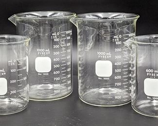 Four Pyrex Low Form Glass Beakers