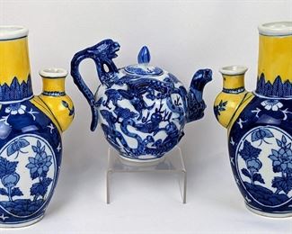  Vintage Chinese Dragon Teapot and Chinoiserie Three Spout Bough Pots