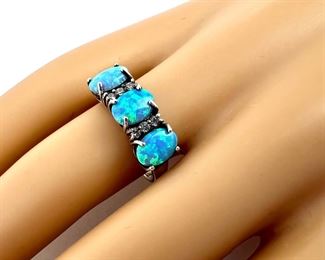 Sterling Silver Ring w/ Three Fiery Opals and CZ Accents - Size 7
