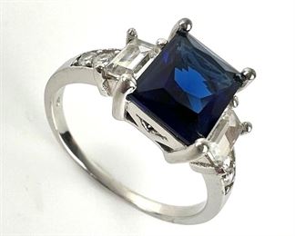 Sterling Silver Ring w/Large Blue Princess-Cut Stone and CZ Accents - Size 9