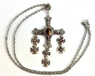 Ornate Sterling Silver Cross Pendant w/ Tiger's Eye Cabochon on a 23" Chain
