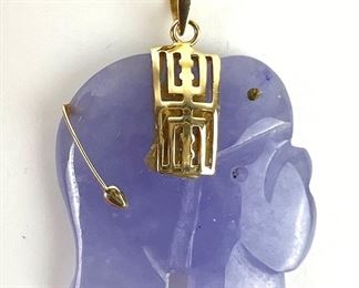 Carved Lilac Jade Elephant Pendant w/10K Gold Accents