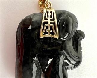  Black Jade Elephant Pendant w/ Gold Saddle and Bail