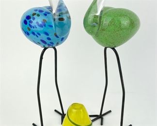 A Pair of Colorful Blown Art Glass Cranes & Art Glass Teardrop Bud Vase